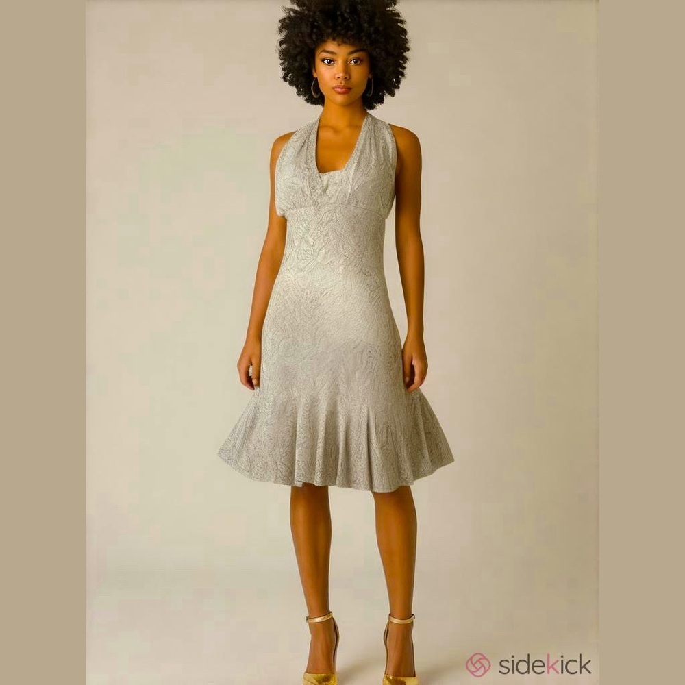 Xscape Womens Y2K Gold Metallic Lace Coquette Fit & Flare Halter Cocktail Dress